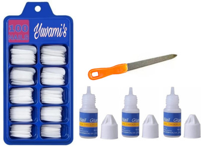 Yuvami's 100 artificial Nails With Nail Filter Transparent 3 nail glue (2 way usable) off white(Pack of 100)