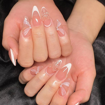 NAKHI 24 Artificial Fake Nail Set|Base peach colour with White Bow Design Glossy Nails Peach(Pack of 24)