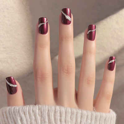 NAKHI 24 Reusable Artificial Nail| Dark Wine colour with Silver Border Glossy Nails Wine(Pack of 24)