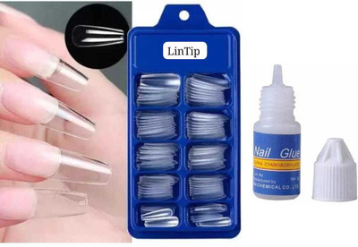 lintip French Long Acrylic Artificial Nails transparent with Glue Transparent(Pack of 100)