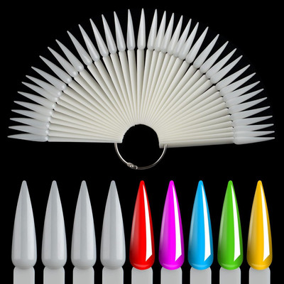 RUBY FACE Stiletto Shape Plastic Nail Art Tips Display Polish Board Display Practice Sticks with Metal Split Ring Holder Natural Color(Pack of 50)