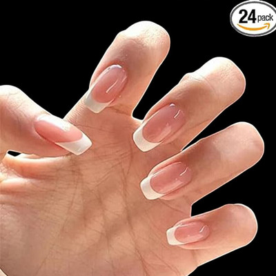 rk arts French Style Pre-Glued 24Pc Artificial Nails - Reusable Pink(Pack of 24)