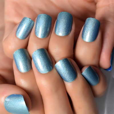 Shhagan Square Glossy Blue Shimmer Nails Blue(Pack of 12)