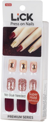 Lick - Press on Nails Maroon Acrylic Reusable False/Artificial Stick on Nails With Application Kit-899 Glossy Maroon(Pack of 12)