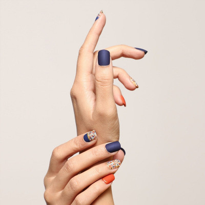 Lick - Press on Nails fake nails_Nail Press-n1_982 Square Shape Dark Blue With Printed Red(Pack of 30)