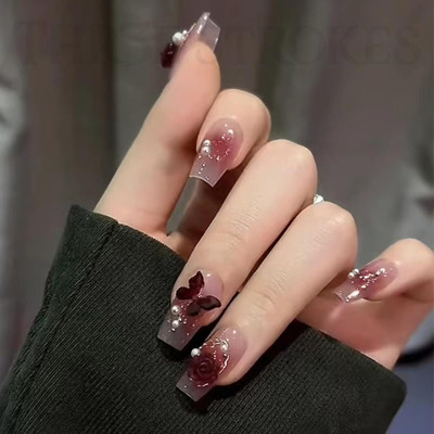 THR3E STROKES Press on Nails 24pcs Fake Artificial Nails with Gluetabs Application Kit (PN9) Includes 24 Nails, 1sheet Gluetabs,1 Alcohol Wipe,1 Manicure Stick, 1 Mini Filer(Pack of 24)