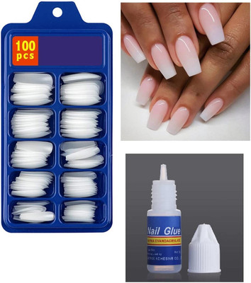PAOUD Transparent Artificial Nail 100 Pcs False Style Tips With glue (Pack of 100) White(Pack of 100)