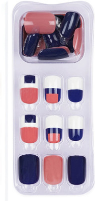 Lick - Press on Nails 30 Pcs Reusable Artificial/False/Fake Nails Extension With Application Kit-813 Square Shape Navy Blue And Almond Pink(Pack of 30)