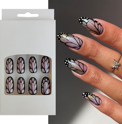 S.A.V.I Chrome Silver & Black Butterfly Print Press-On Nails, 24 PCs, Round Me Chrome Silver(Pack of 24)