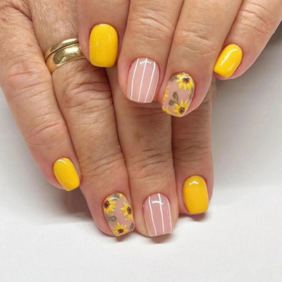 kyiesh KYEISH Reusable Designer Peach and Yellow Floral Printed Press on Nails Yellow(Pack of 24)
