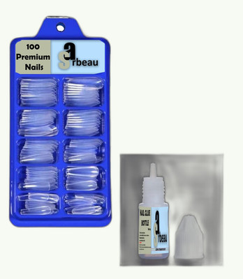 Sarbeau 200-Pcs Artificial Nails Set - 100 White & 100 Transparent and 2 Nail Glue_C_008 Transparent(Pack of 100)