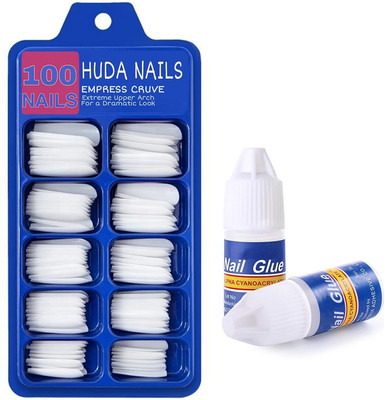 Prettify Beauty Artificial Nails Set Reusable with Glue Acrylic Fake White(Pack of 10)