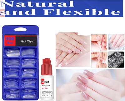 FELICECHIARA 3D Reusable Fake Nail Tips With Nail Glue Artificial Transparent 100 Pieces TRANSPARENT(Pack of 100)