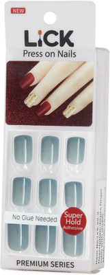 Lick - Press on Nails Blue Square Shape Reusable Artificial False Stick on _ with Application Kit-679 Sky Blue(Pack of 12)