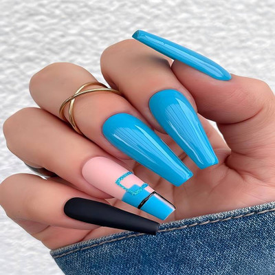 Shhagan Sky Blue Rectangle Boxes Fake Artificial Press on Nails Glossy Finish, Ballerina Shape(Pack of 12)
