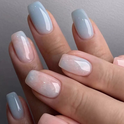 The Pink Truck Set of 24 Artificial Reusable nails in Natural pink with blue tint with glue Blue(Pack of 24)