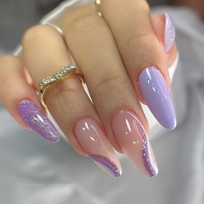 The NailzStation nails artificial nail fake designer press on extension with design glue Glitter Purple(Pack of 12)
