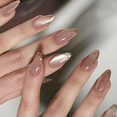 The Blue Box Set of 24 Press on Nails in Luxury Almond nails with Gold tips in Cat Eye effect Golden, Pink(Pack of 24)