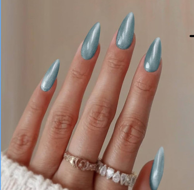 AMOK STORE Sage Green Almond Silver cat eye Press-On Nails | Reusable Artificial Nails Sage green, Silver cat eye(Pack of 12)