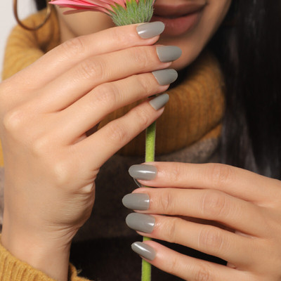 Lick - Press on Nails Grey Oval Shape Artificial Reusable Acrylic Nails With Application Kit Greige Greige(Pack of 24)
