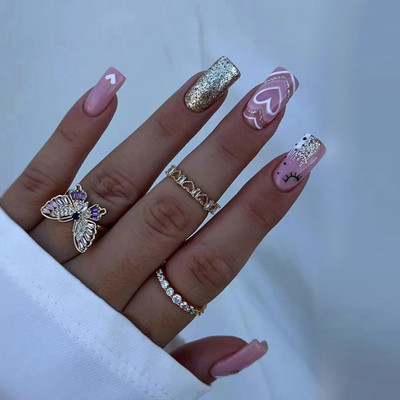 kyiesh Reusable Glittery Shaded Heart Printed Press on Nails Pink(Pack of 24)