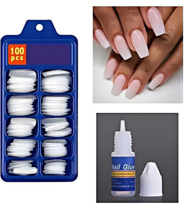 kHUDAt 100 Pcs Artificial Nails With Nails Glue White(Pack of 100)
