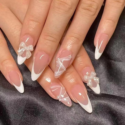 NAKHI 24 Reusable Artificial Fake Nail Set |Base peach colour with White Bow Design Peach(Pack of 24)