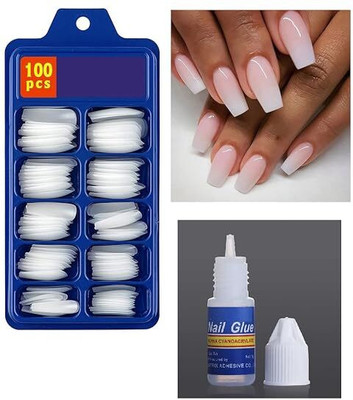 Glamway Cosmetics Reusable 100 Nails Tips Fake Acrylic Artificial Nails with Glue White(Pack of 100)