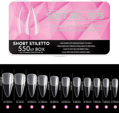 NAILWIND Short Stiletto Coffin Nail Tips, French Cover Clear Soft Gel Tips, Medium Coffin False Nail Tips for Acrylic Nails Extension For Nail Art Girls Women(Pack of 550)