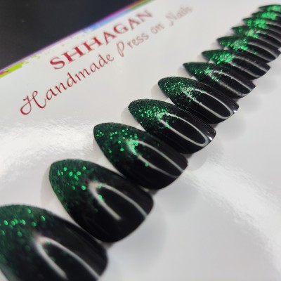 Shhagan Black & green glitter ombre almond artificial bridal nails Multicolor(Pack of 12)