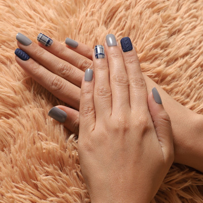 Lick - Press on Nails Artificial/False Nail Extension Fake Reusable Matte Blue And Grey(Pack of 30)
