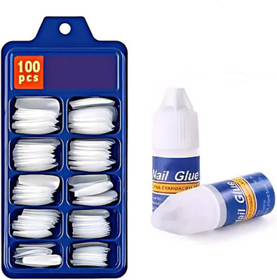 kHUDAt ellie Artificial Nails Set Of 100 Pcs and Artificial Nail Glue 3gm White White(Pack of 100)