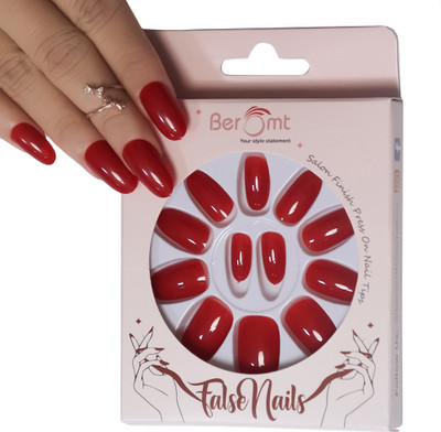 BEROMT PREMIUM GLOSSY NAILS - 386 Red(Pack of 12)