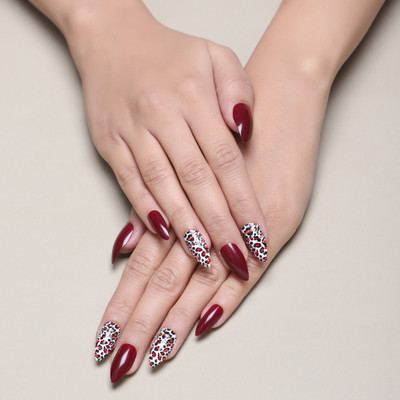 Lick - Press on Nails 28 Pcs Animal Print Acrylic Reusable Nails Extension Artificial/False Nail Art Dark Burgundy And White Animal Printed Stiletto(Pack of 28)