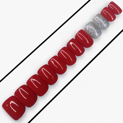 Shhagan Red Glitter Artificial Designer Acrylic Fake Press on nails S408 Multicolor(Pack of 12)