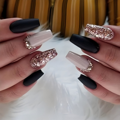 The NailzStation nails artificial nail fake designer press on extension with design glue Glitter Black(Pack of 12)