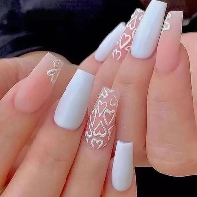 kyiesh Reusable Heart Printed Press on Nails Pink, White(Pack of 24)