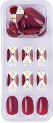 Lick - Press on Nails 30 Pcs Dark Pink Artificial Reusable False/Fake Acrylic _ Extension _ Art-751 Oval Shape Dark Pink Ombre With Geometric Print(Pack of 30)
