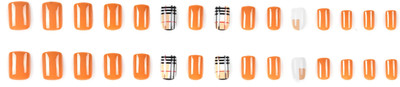 Lick - Press on Nails Artificial Reusable _ Square Shape Burnt Brown And Checkered Geometric Print-878 Burnt Brown With Checkered And Geometric Print(Pack of 30)