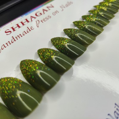 Shhagan Dark Olive Green Holographic Glitter Ombre Almond artificial bridal nails Multicolor(Pack of 12)