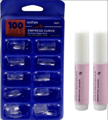 UniTale 100 Pcs Reusable Best Transparent Fake Nail Extensions with 2 pc Strong Glue Transparent, Reusable(Pack of 100)