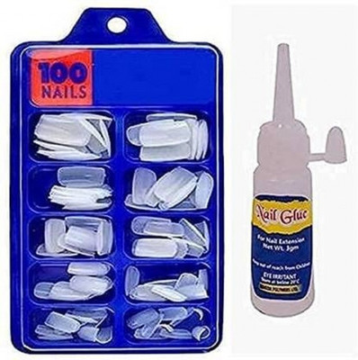 kHUDAt ufa Artificial Nails Set With Glue Acrylic Face Nails Set Of 100 Pcs white White(Pack of 100)