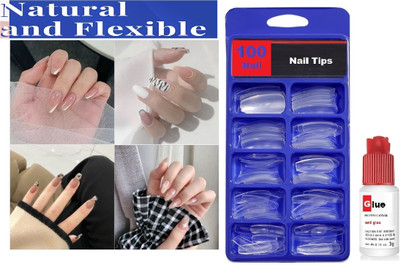 FELICECHIARA Top Quality Finger Nails 100 pcs with Press on glue sticker & Nail Glue Natural TRANSPARENT(Pack of 100)