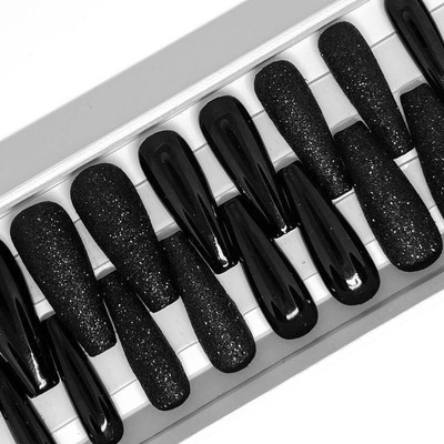 The NailzStation Glitter Fake Artificial Press on Nails with glue application kit Black(Pack of 12)