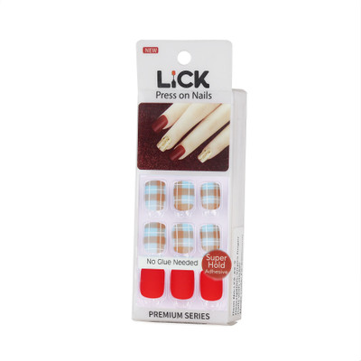 Lick - Press on Nails 30 Pcs Matte Red Acrylic Nails Set Nail Art Artificial/False Nails Extension-962 Matte Red With Checkred Light Blue(Pack of 30)