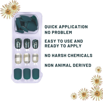 Lick - Press on Nails French Manicure Square Shape Artificial/False Acrylic Nails With Application Kir Emerald Green(Pack of 12)