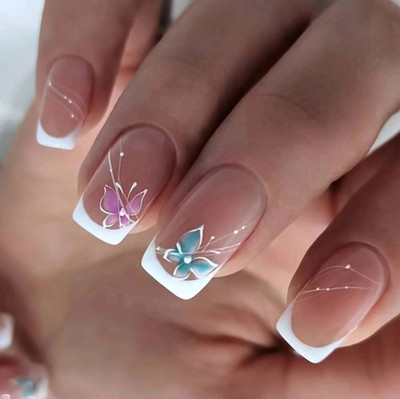 kyiesh KYEISH Reusable Designer Transparent Peach Floral Printed Press on Nails Peach(Pack of 24)