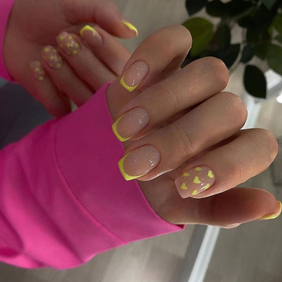 kyiesh Reusable Glossy Heart Printed Press on Nails Peach Pink, Yellow(Pack of 24)