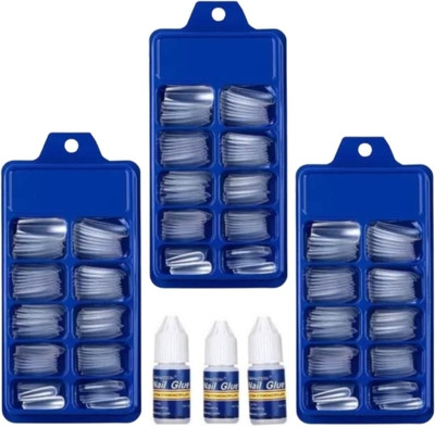 asija makeovers 3 pcs Transparent Reusable Fake Nail With 3 Nail Glue Transparent transparent(Pack of 100)