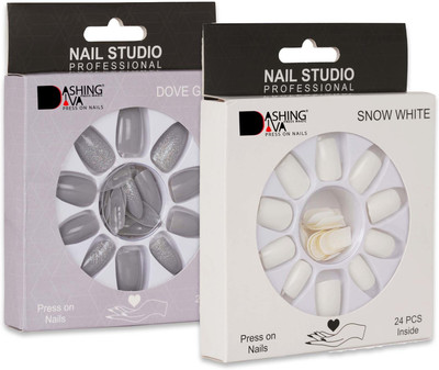 Lick - Press on Nails fake nails_Nail Press-n1_670 Dove Grey, Snow White(Pack of 24)
